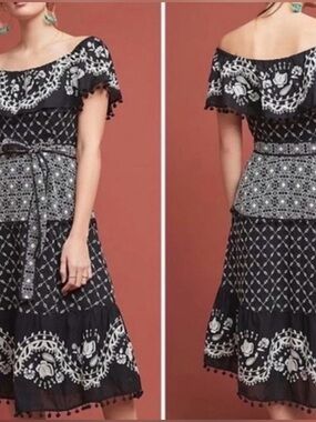 Anthropologie Marisol cotton Off-Shoulder Black White Midi Dress 10 fits Small